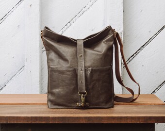 Leather Tote, Leather Shopper, Gray Leather Cow skin: TomTom Tote by Awl Snap