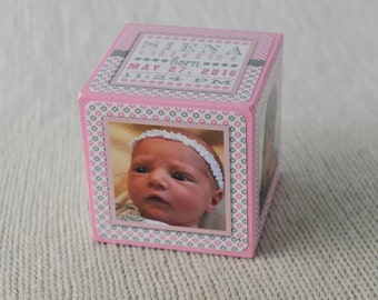 Birth Announcement Photo Block - Nursery Photo Block - Personalized Memory Blocks - Keepsake - Birth Announcement - Pink & Grey