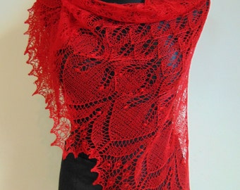 Triangular red lace shawl, red hand knitted lace shawl,Shawl with Haapsalu nupps, wedding shawl, red, Valentine day gift, READY to SHIP