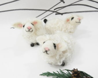 Needle felted lamb ornament, felted white sheep, spring sheep, new baby gift, white lamb, miniature felt lamb by Curly Furr, red bow