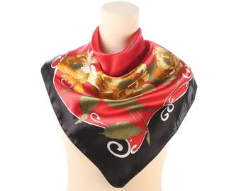 Gift for Her Flowers Print Scarf 70s GOLD POPPY Printed Red Black Woman Vintage Satin Neck Shawl Square Floral Womens Gift Retro Muffle