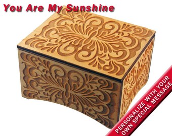 Windup Music Box, "You Are My Sunshine", Laser Engraved Birch Wood