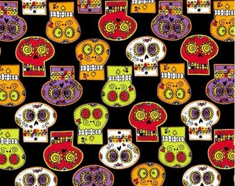 Sugar Skull Fabric By the Half Yard, Fat Quarter, Day of the Dead, Red, Green, Purple, Orange, Candy Skulls, Sugar Skulls