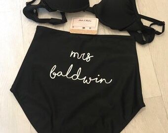 Personalised Bride Bikini, high waisted bottoms, swimsuit, bride to be, black swimwear, high waisted black bikini bottoms, hen party outfit