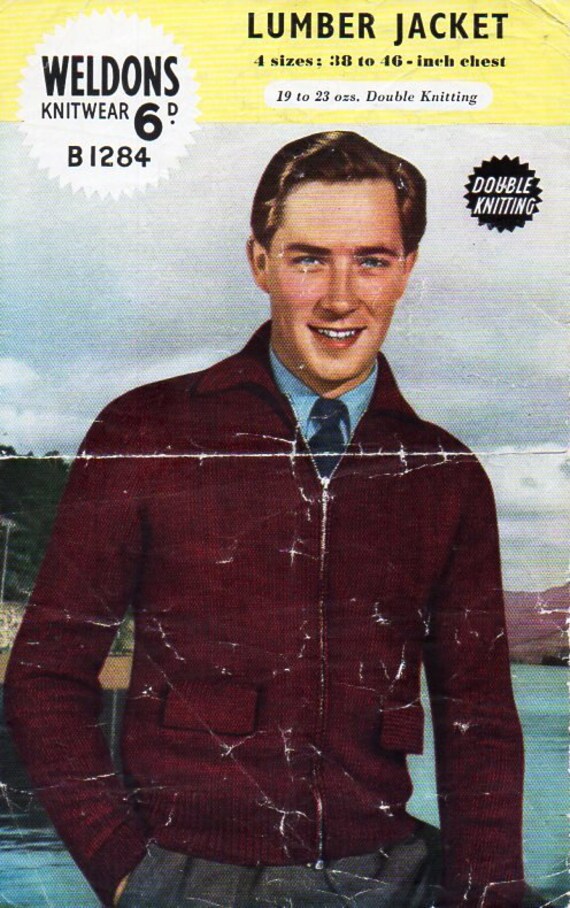 mens zipped jacket knitting pattern PDF zipper jacket bomber