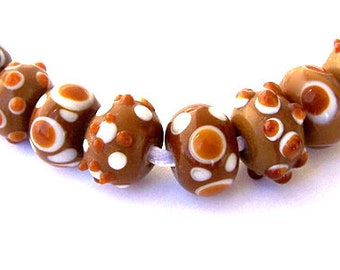 8 coffee brown and white lampwork glass beads, about 15m x 9mm