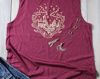 H POTTER inspired Woman's Scoop Muscle Workout Tank HOGWARTS castle (not Harry Potter)