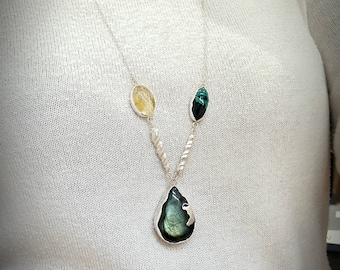 Pendant necklace Silver 925 labradorite citrine chrysocolla