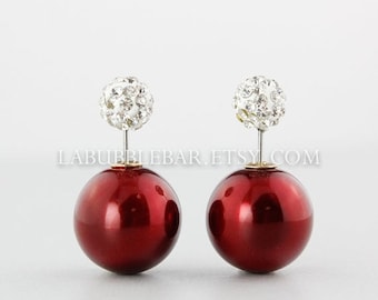 SALE Tribal Earrings - Double Pearl Earrings, Double Sided Earrings, Double Tribal Earrings, Metallic Dark Red