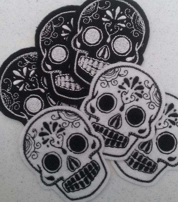 Mini Mexican Sugar Skull embroidery 6 piece patch set black and white felt 2inX3in