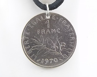 French Coin Necklace, 1 Franc, Coin Pendant, Leather Cord, Mens Necklace, Womens Necklace, Birth Year, 1970
