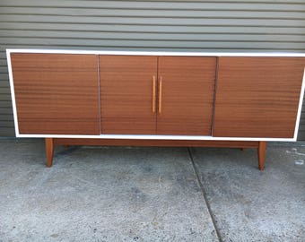 NEW Hand Built Mid Century Inspired Buffet / Credenza. Mahogany two tone four door with straight leg base.