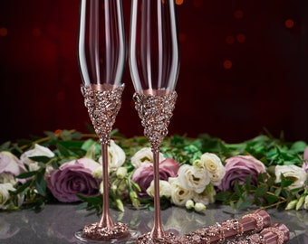 Rosegold Wedding toasting glasses and cake server set Plate and forks Wedding champagne flutes Cake cutting set Plate fork ROSEGOLD Set of 7