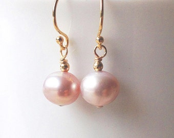 Pale pink pearl earrings, real blush pink freshwater pearl bridesmaid earrings, pink round pearl earring, 14k gold fill June birthstone gift