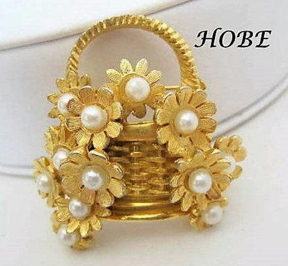 Pearl Covered Basket Pin, Flowered Signed Hobe, Faux Pearls, Gold Tone, Wedding Brooch