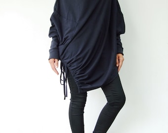 NO.59 Midnight Blue Cotton Jersey Batwing Tunic, Loose Asymmetrical Sweater, Women’s Sweater