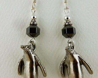 3D pewter penguin dangle earrings with hematite gemstones