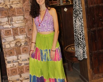 Womens Green Tie Dye A-Line Gypsy Long Skirt Rayon Summer Style Hippie Chic Boho Maxi Skirts