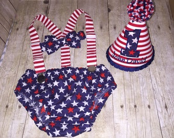 Boys Cake Smash Outfit - Patriotic Fourth of July - Red White and Blue - Stars and Stripes - Diaper Cover, Bow Tie & Birthday Hat - First 1