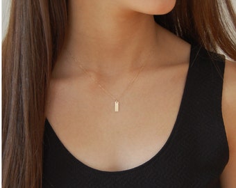 14K Gold Layer Necklace Gold Bar Necklace 14K Yellow Gold Necklace Solid Gold Bar Necklace