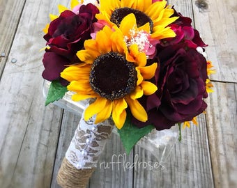 Sunflower Bouquet, Rustic Bouquet, Wine and Sunflower Bouquet, Marsala Sunflower Bouquet, Bridal Bouquet