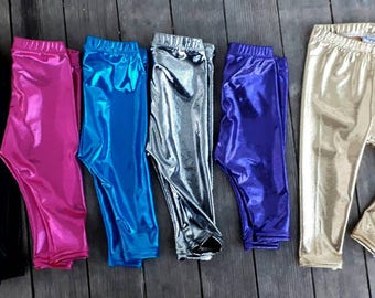 Shiny Metallic CAPRI Leggings for Girls Size 2t-10, baby girls size 0-3 up to 12-18 months, colors-Gold, silver, black, red, pink, etc