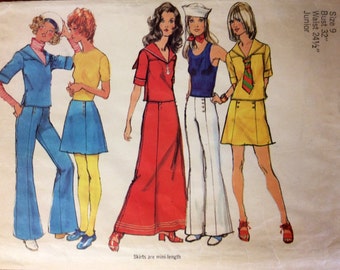1970s nautical top pants mini & maxi skirts Simplicity 5019 Uncut vintage sewing pattern Bust 32 Waist 24.5 Hip 34 Retro 70s sailor collar