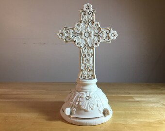 White Porcelain Cross, Ornate Cross, Standing Cross, Gold Gilded Cross, Ornate Crucifix, Free Standing Cross, Cross, FREE SHIPPING!!!!