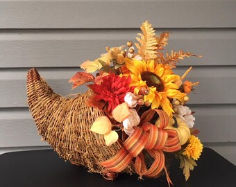 Fall Cornucopia, Thanksgiving Decor, Horn of Plenty, Floral Arrangement, Flower Arrangement, Fall Decor, Autumn Decor, Thanksgiving Table