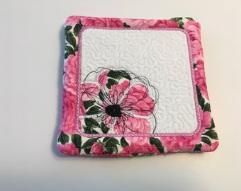 Pink peony embroidered trivet 7 inch square