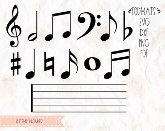 Music notes, staff, SVG, PNG, DXF, pdf cricut, silhouette studio, cut file, cutting machine, vinyl decal, t shirt design, stencil template