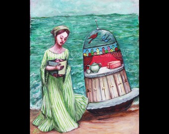 Harayadori, Japanese Folk Tale, Fairy Tale, Original Painting, UFO, Boat, Woman, Mystery, Box, Cake, Ocean, Surrealism, Sea, Story, History
