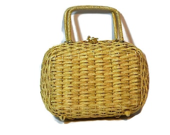 Vintage Wedding, Box Bag, Gold Woven Handbag, Retro Handbag