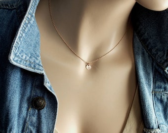 TINY 14K Solid ROSE Gold Initial Necklace 6mm ( 1/4 inch) Itty Bitty Gold Initial Disk 14k Solid Gold Disc - Hand Stamped Custom Necklace