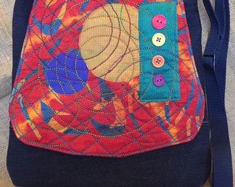 Sarisilk and denim upcycled messenger bag