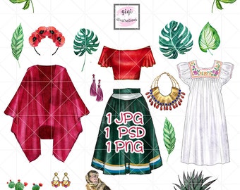 INSTANT DOWNLOAD - Watercolor Frida Kahlo inspired clip art set