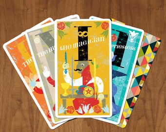 Madam Clara Presents The Midcenturian Tarot Card Deck, Rider-Waite symbolism abstracted modern
