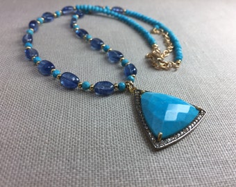Turquoise and Kyanite Necklace in Gold