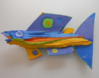 Funky Fish Art Created fom Recycled Wood and other Materials comes ready to Hang on Wall to add Color, Fun and Conversation!