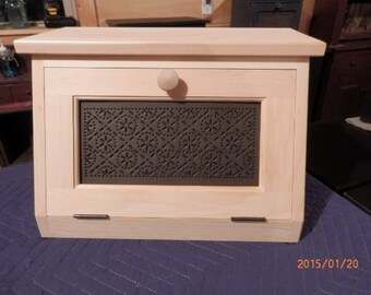 UNFINISHED Punched tin Bread Box with shelf,This listing is for a unfinished bread box,Sanded smooth and ready to be finished