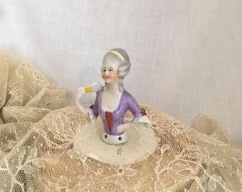 Antique 1920s Porcelain Half Doll German Glazed China Flirty French Courtesan Colonial Lady Holding Fan