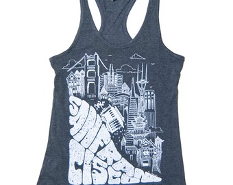 Women's San Francisco SF HILL Racerback Tank Top with cable car and golden gate bridge - S-XL