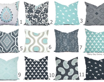 Pillow Covers - Gunmetal Blue Aqua Turquoise Sky White Bird Tribal Modern- All sizes 16x16 18x18 Throw Toss Accent Pillow