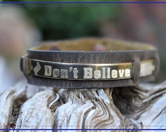 Don't Believe Everything You Think - Handmade Thin Jewelers Brass Mental Health Awareness Bracelet-Honey Genuine Leather1016HO