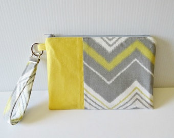 Yellow and Gray Chevron Fabric Clutch/Wristlet