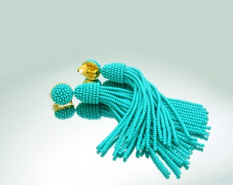 Turquoise tassel Earrings, Long earrings Oscar de la Renta style, jade green, blue jewelry, Clip-on earrings, 925 SILVER stud, turkus beaded