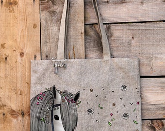 Tote bag in natural linen lined and illustrated "Bohemian horse"