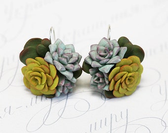 Yellow Green Succulent Earrings. Succulent plant jewelry. Botanical jewelry Polymer clay Miniature Plant Earrings. Wedding Succulent Jewelry