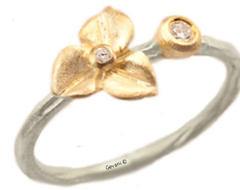 Hydrangea Blossom Diamond Engagement Ring, Stacking Ring, Sterling Silver, 14kt Gold Flower, Hydrangea Ring. Handmade by Gevani Jewelry.