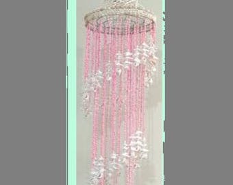 Vintage Seashell Chandelier Pink White Real Shells Windchime 45" Mobile